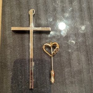 Stainless Steel cross pendant and gold tone heart stick pin
